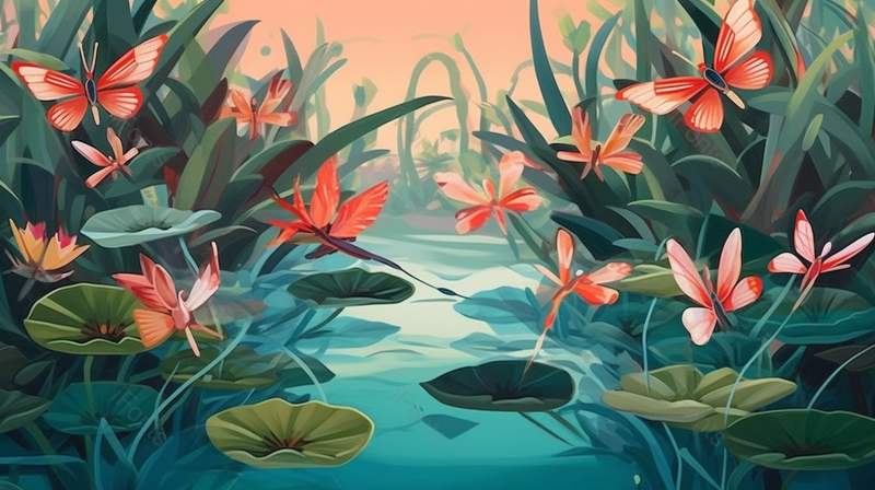 绿色盛夏中的池塘荷叶和胡蝶背景,插画/手绘图,插画/手绘图库,插画/手绘图下载,插画/手绘